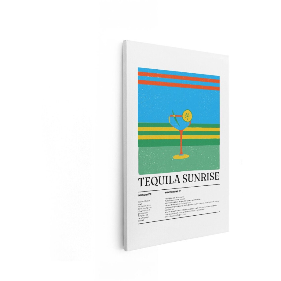 Artaza Canvas Schilderij Kleurrijke Illustratie van een Tequila Sunrise Cocktail met Recept - 60x90 cm - Wanddecoratie Woonkamer - Schilderijen - Muurdecoratie afbeelding 1