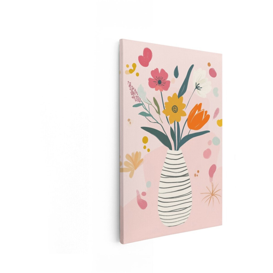Artaza Canvas Schilderij Vrolijke Illustratie van een Vaas met Kleurrijke Bloemen en Abstracte Vormen - 60x90 cm - Wanddecoratie Woonkamer - Schilderijen - Muurdecoratie afbeelding 1