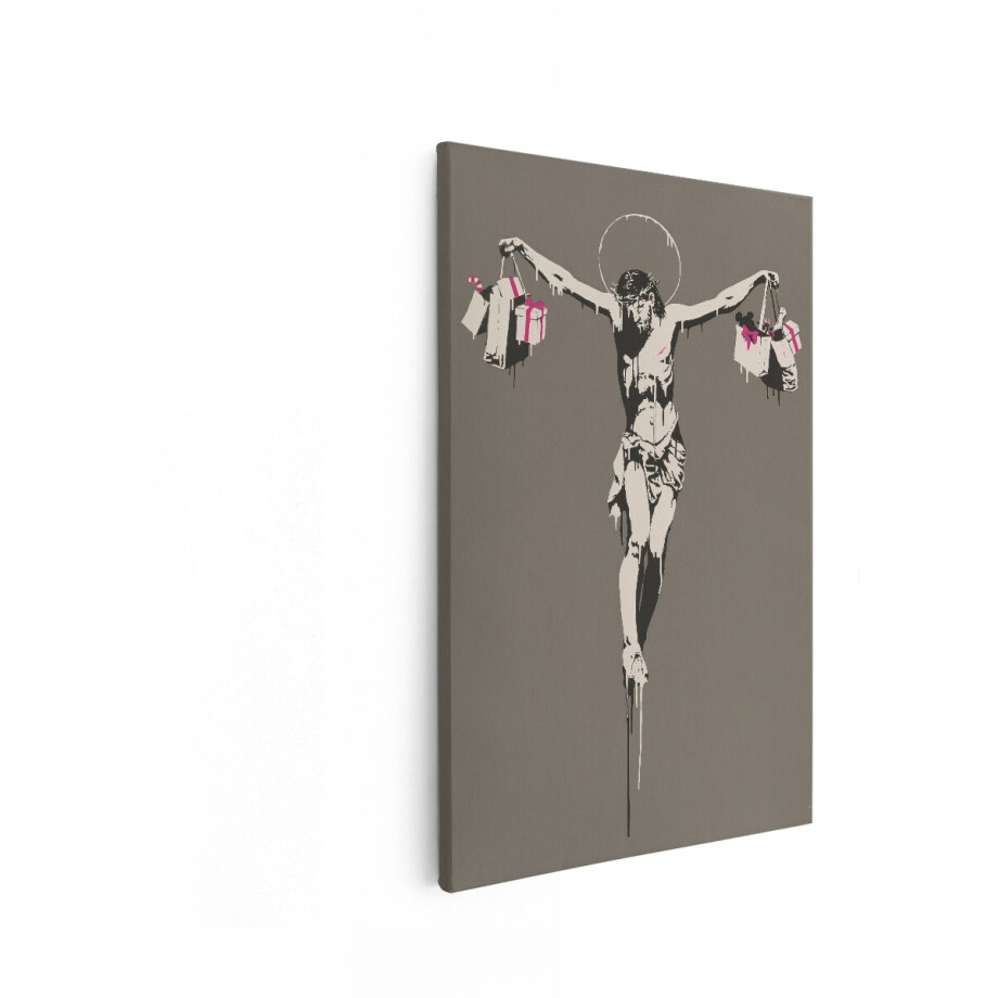 Artaza Canvas Schilderij Jezus Met Cadeaus - 20x30 cm - Wanddecoratie Banksy - Muurdecoratie Graffiti Kunst - Kamer Accessoires afbeelding 1