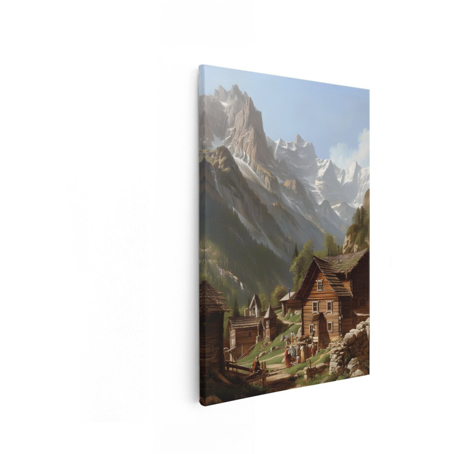 Artaza Canvas Schilderij Berglandschap - 40x60 cm - Wanddecoratie Bergen - Muurdecoratie Natuur - Decoratie Houten Huizen Woonkamer afbeelding 1