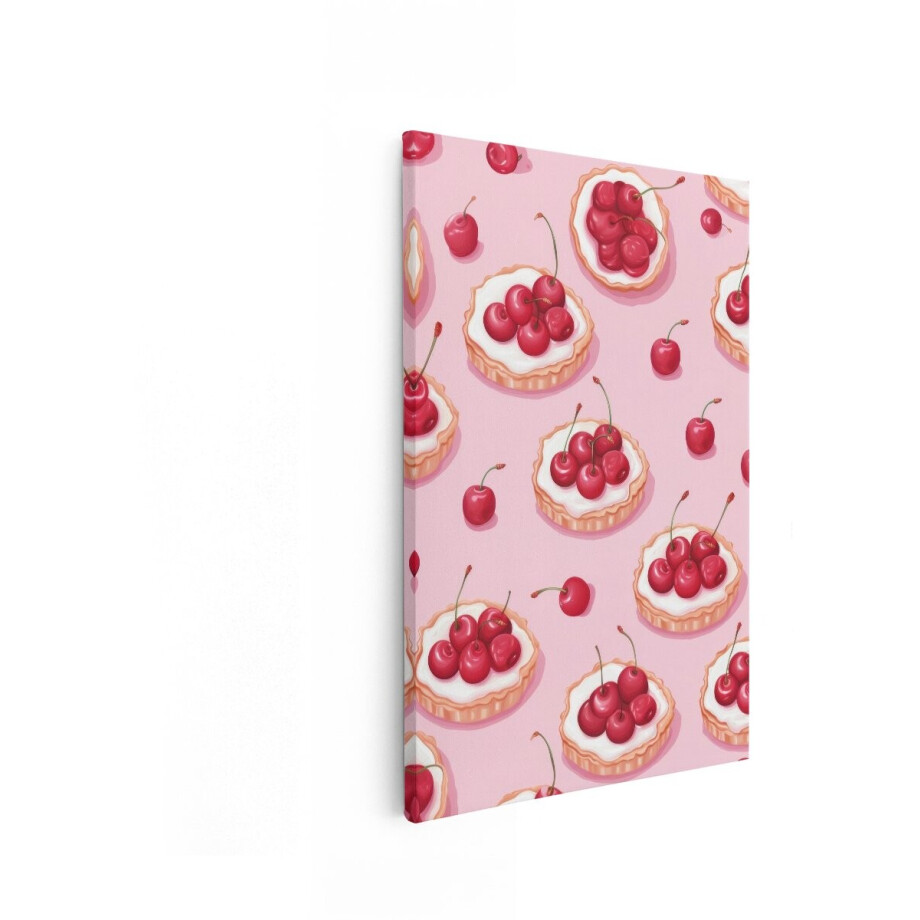 Artaza Canvas Schilderij Schattige Kersen Taartjes met Room op een Roze Achtergrond - Patroon - 60x90 cm - Wanddecoratie Woonkamer - Schilderijen - Muurdecoratie afbeelding 1