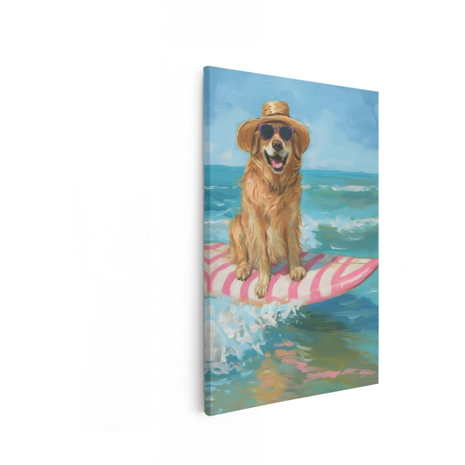 Artaza Canvas Schilderij Hond Op Surfplank - 20x30 cm - Wanddecoratie Golden Retriever - Muurdecoratie Strand - Schilderijen Op Canvas Zee afbeelding 1