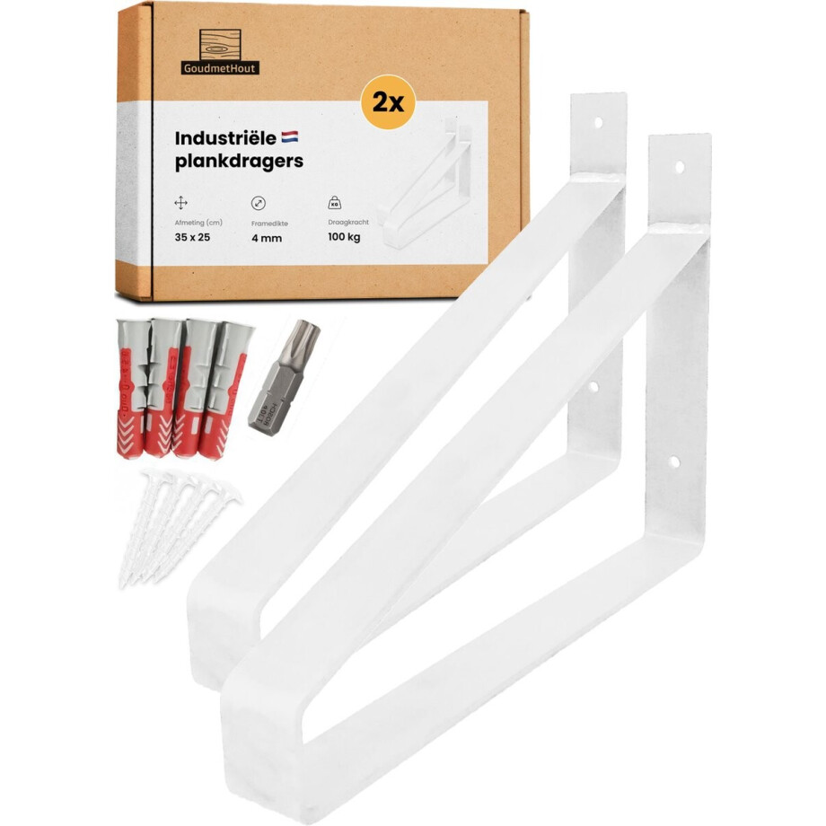GoudmetHout® Industriële Plankdragers - 35 cm - Stalen Plankdrager voor Wandschap, Muurrek of Wandconsole - Max 100 kg - 2 Stuks - Mat Wit GoudmetHout® Industriële Plankdragers - 35 cm - Stalen Plankdrager voor Wandschap, Muurrek of Wandconsole - Max 100 kg - 2 Stuks - Mat Wit afbeelding 1