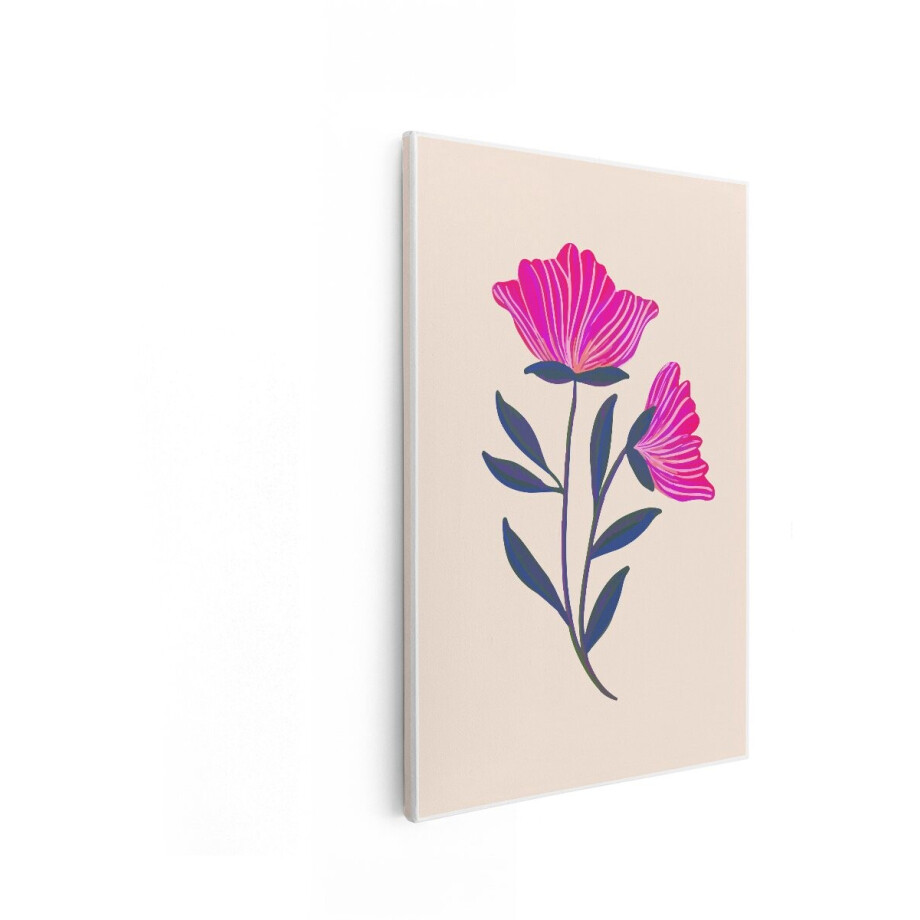 Artaza Canvas Schilderij Twee Levendige Roze Bloemen met Donkergroene Bladeren op een Zachte Achtergrond - 20x30 cm - Klein - Wanddecoratie Woonkamer - Schilderijen - Muurdecoratie afbeelding 1