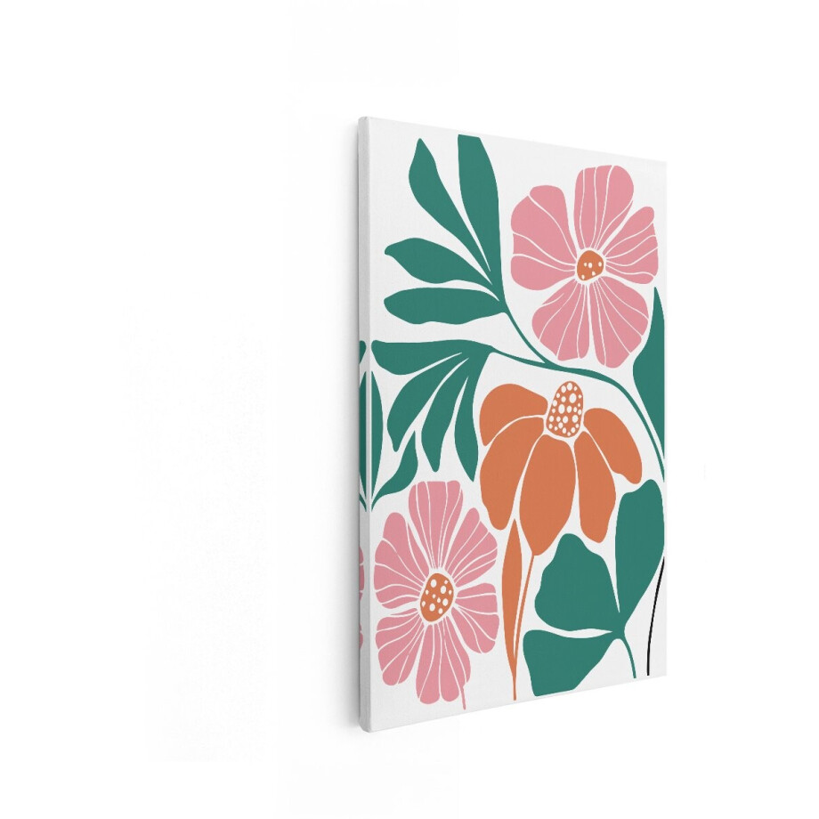 Artaza Canvas Schilderij Abstract Bloemenpatroon met Roze en Oranje Bloemen en Groene Bladeren - 80x120 cm - Groot - Wanddecoratie Woonkamer - Schilderijen - Muurdecoratie afbeelding 1