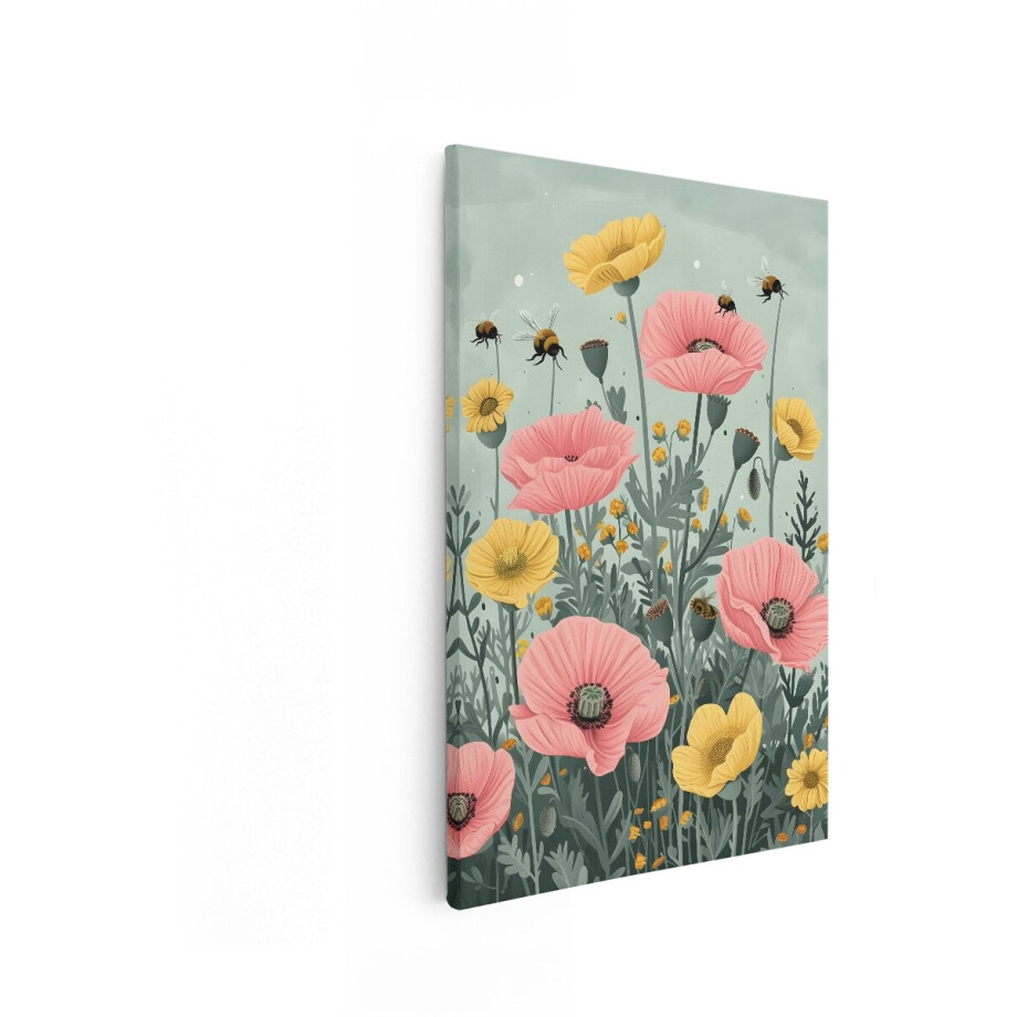 Artaza Canvas Schilderij Bloemen - 80x120 cm - Wanddecoratie Veldbloemen - Muurdecoratie Bijen - Decoratie Natuur Roze afbeelding 1