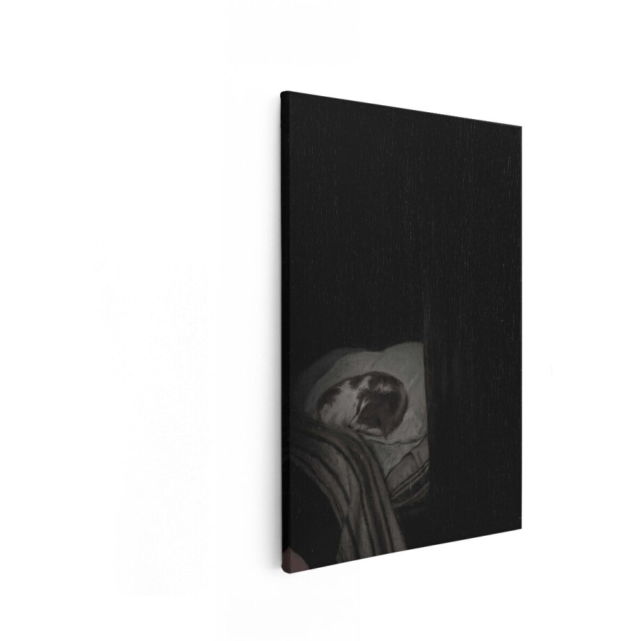 Artaza Canvas Schilderij Schattige Hond Slaapt Vredig op een Zacht Kussen in een Donkere Kamer - 40x60 cm - Wanddecoratie Woonkamer - Schilderijen - Muurdecoratie afbeelding 1