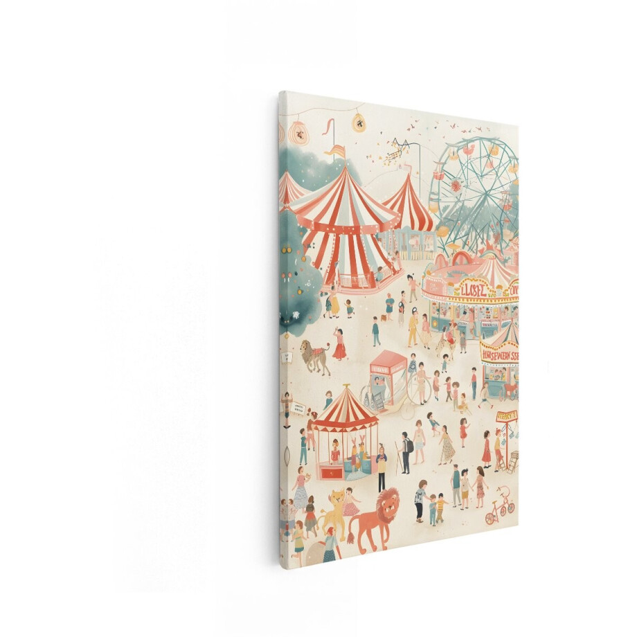 Artaza Canvas Schilderij Vrolijke Kermis met Attracties en Bezoekers in een Charmante Illustratiestijl - 60x90 cm - Wanddecoratie Woonkamer - Schilderijen - Muurdecoratie afbeelding 1
