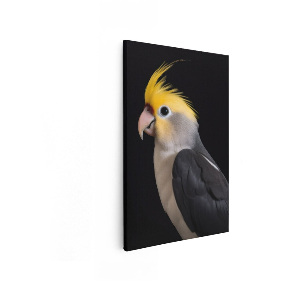 Artaza Canvas Schilderij Prachtige Valkparkiet met Gele Kuif en Grijze Kop op Zwarte Achtergrond - 80x120 cm - Groot - Wanddecoratie Woonkamer - Schilderijen - Muurdecoratie afbeelding 1