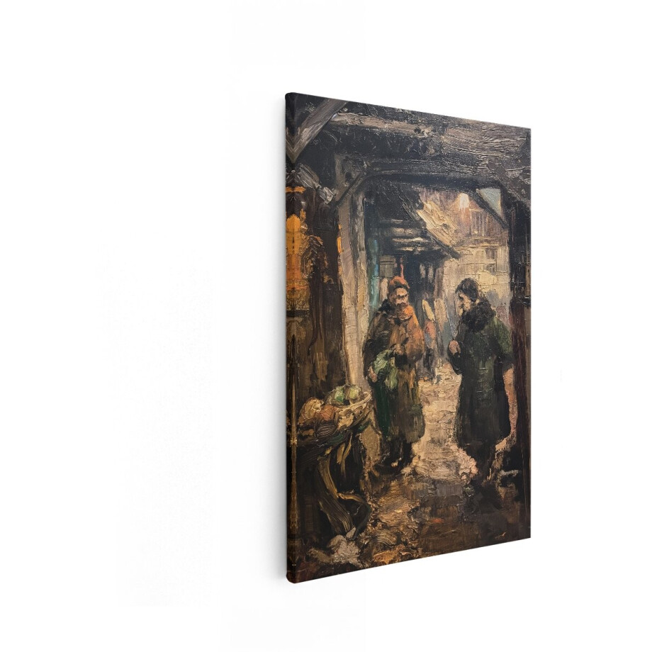 Artaza Canvas Schilderij Schilderij van een Marktscène met Mensen in Winterse Kleding - 40x60 cm - Wanddecoratie Woonkamer - Schilderijen - Muurdecoratie afbeelding 1