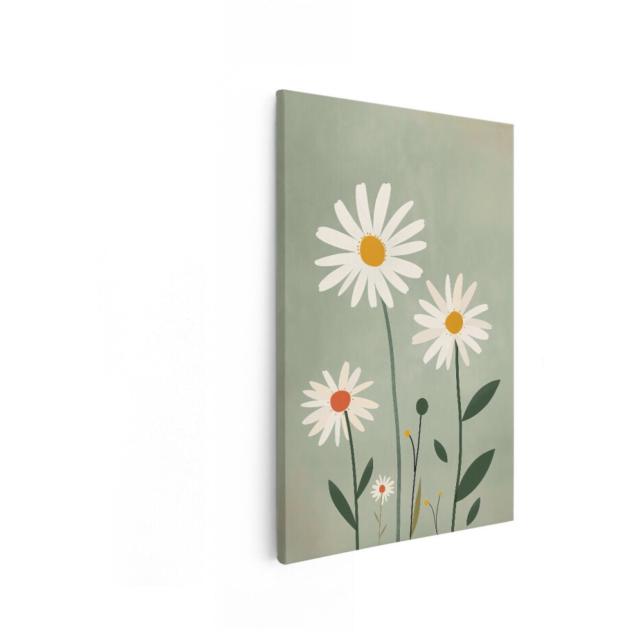 Artaza Canvas Schilderij Madeliefjes - 20x30 cm - Wanddecoratie Bloemen Minimalistisch - Muurdecoratie Boho - Schilderijen Op Canvas Groen afbeelding 1