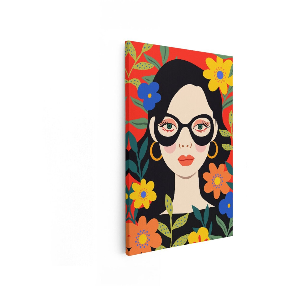 Artaza Canvas Schilderij Vrouw Met Bril - 20x30 cm - Wanddecoratie Boho Bloemen - Muurdecoratie Kleurrijk - Decoratie Woonkamer afbeelding 1