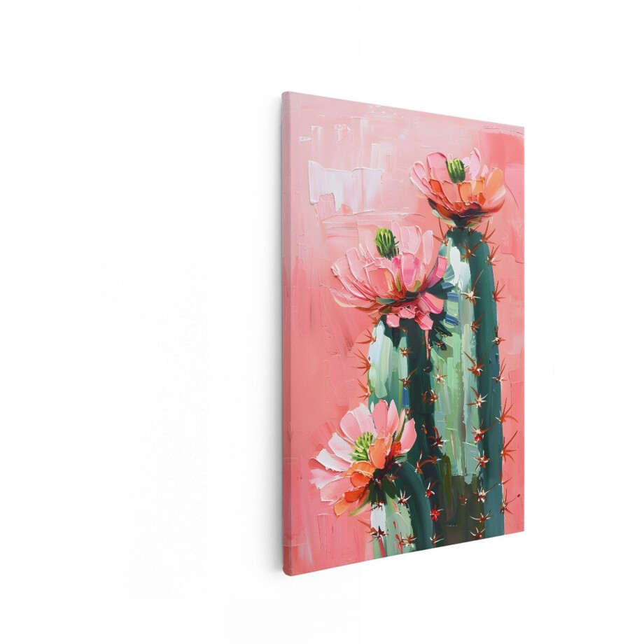 Artaza Canvas Schilderij Impressionistische Schilderij van Bloeiende Cactussen met Dikke Verfstreken in Pastelkleuren - 40x60 cm - Wanddecoratie Woonkamer - Schilderijen - Muurdecoratie afbeelding 1