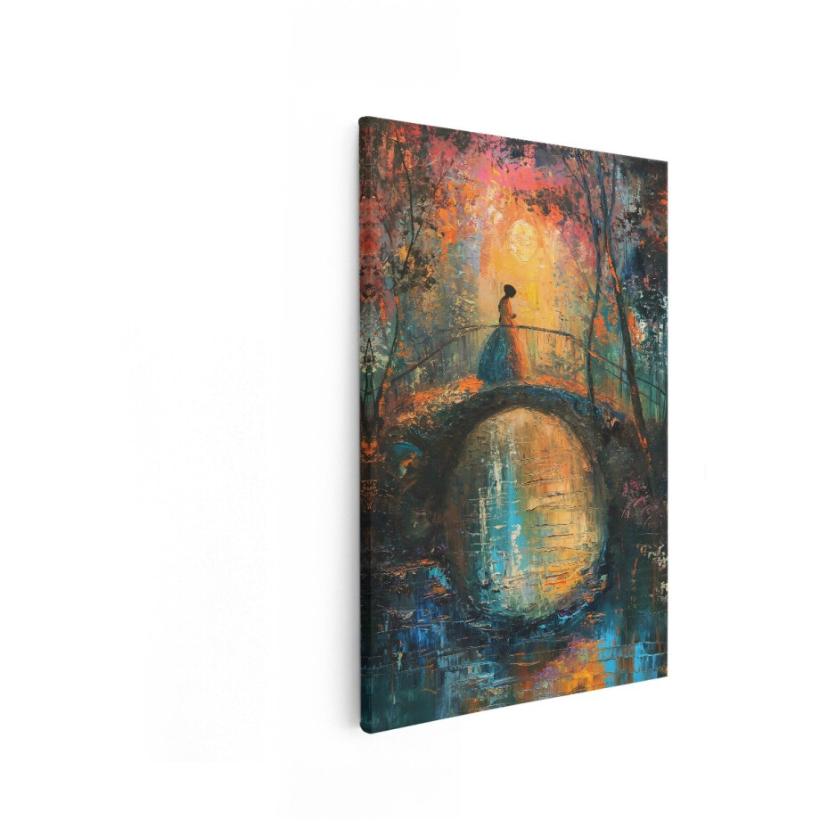 Artaza Canvas Schilderij Schilderij van een Vrouw op een Brug bij Maanlicht - Impressionistische Stijl - 80x120 cm - Groot - Wanddecoratie Woonkamer - Schilderijen - Muurdecoratie afbeelding 1