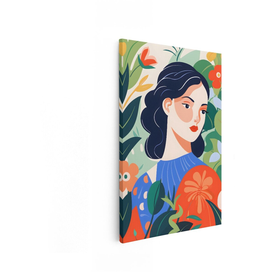 Artaza Canvas Schilderij Vrolijke Vrouw met Donker haar Omringd door Kleurrijke Bloemen en Bladeren - 80x120 cm - Groot - Wanddecoratie Woonkamer - Schilderijen - Muurdecoratie afbeelding 1