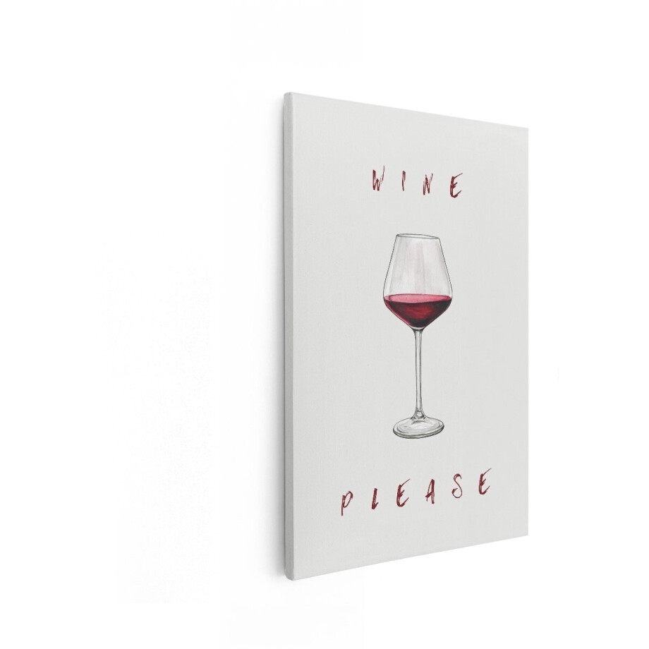 Artaza Canvas Schilderij Een Glas Rode Wijn met de Tekst 'Wine Please' in een Minimalistische Aquarel Stijl - 40x60 cm - Wanddecoratie Woonkamer - Schilderijen - Muurdecoratie afbeelding 1