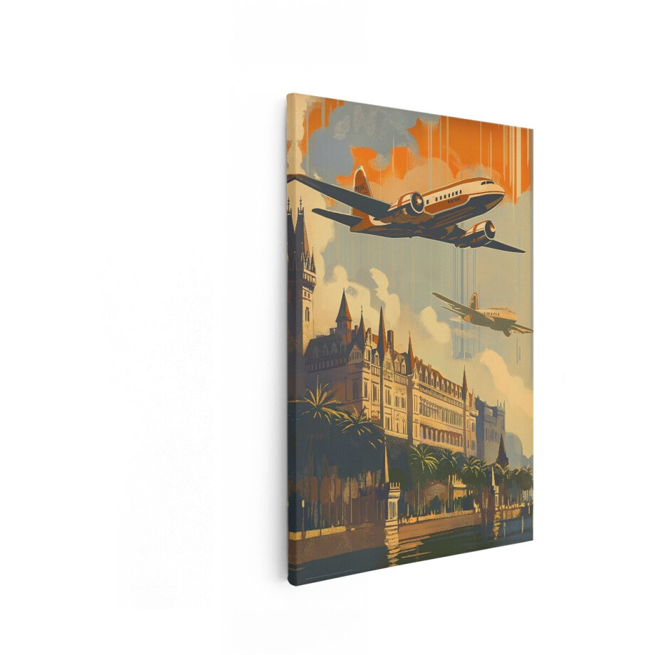 Artaza Canvas Schilderij Oude Vliegtuigen Vliegen over een Groot Europees Gebouw met Palmbomen - 40x60 cm - Wanddecoratie Woonkamer - Schilderijen - Muurdecoratie afbeelding 1