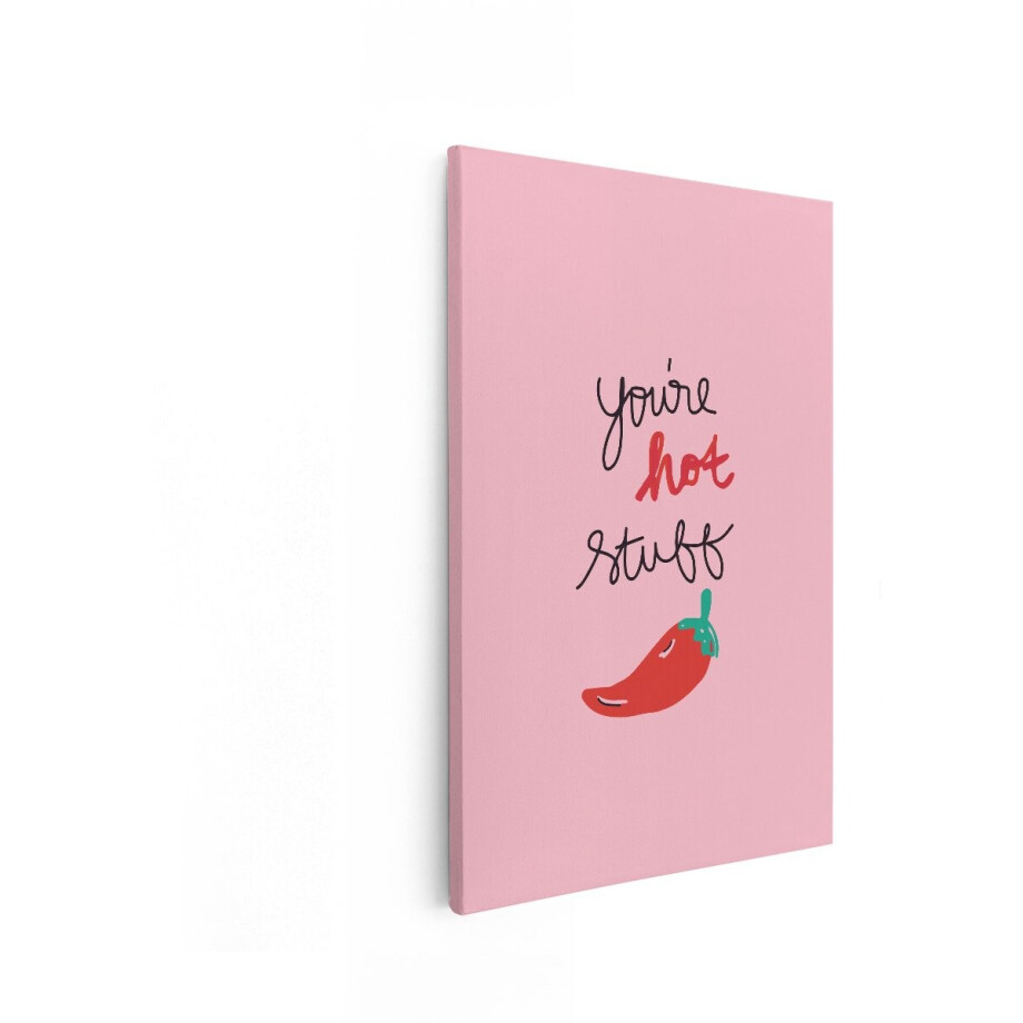 Artaza Canvas Schilderij Chilipeper - 40x60 cm - Wanddecoratie Tekst You're Hot Stuff - Muurdecoratie Roze - Grappige Decoratie afbeelding 1