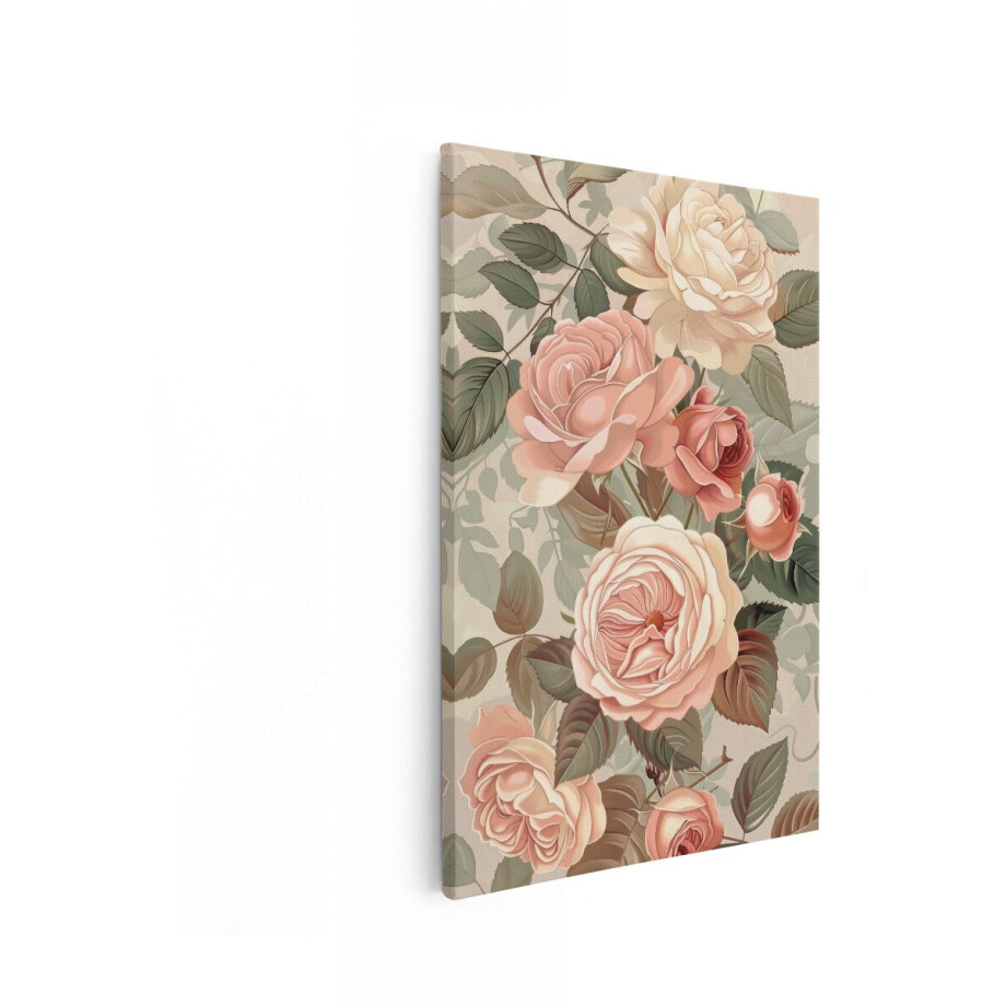Artaza Canvas Schilderij Zachte Perzikkleurige en Crèmekleurige Rozen met Bladeren in een Klassieke Stijl - 20x30 cm - Klein - Wanddecoratie Woonkamer - Schilderijen - Muurdecoratie afbeelding 1