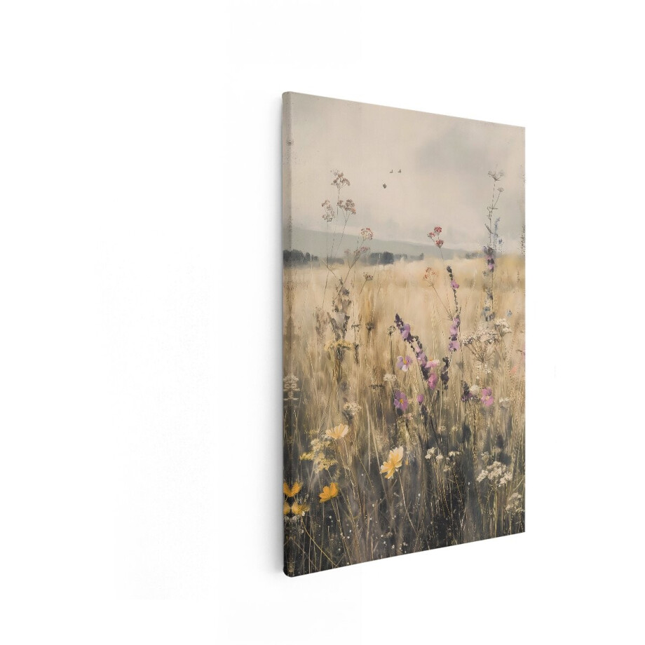 Artaza Canvas Schilderij Zomerse Weide met Wilde Bloemen en Vlinders in de Verte - 60x90 cm - Wanddecoratie Woonkamer - Schilderijen - Muurdecoratie afbeelding 1