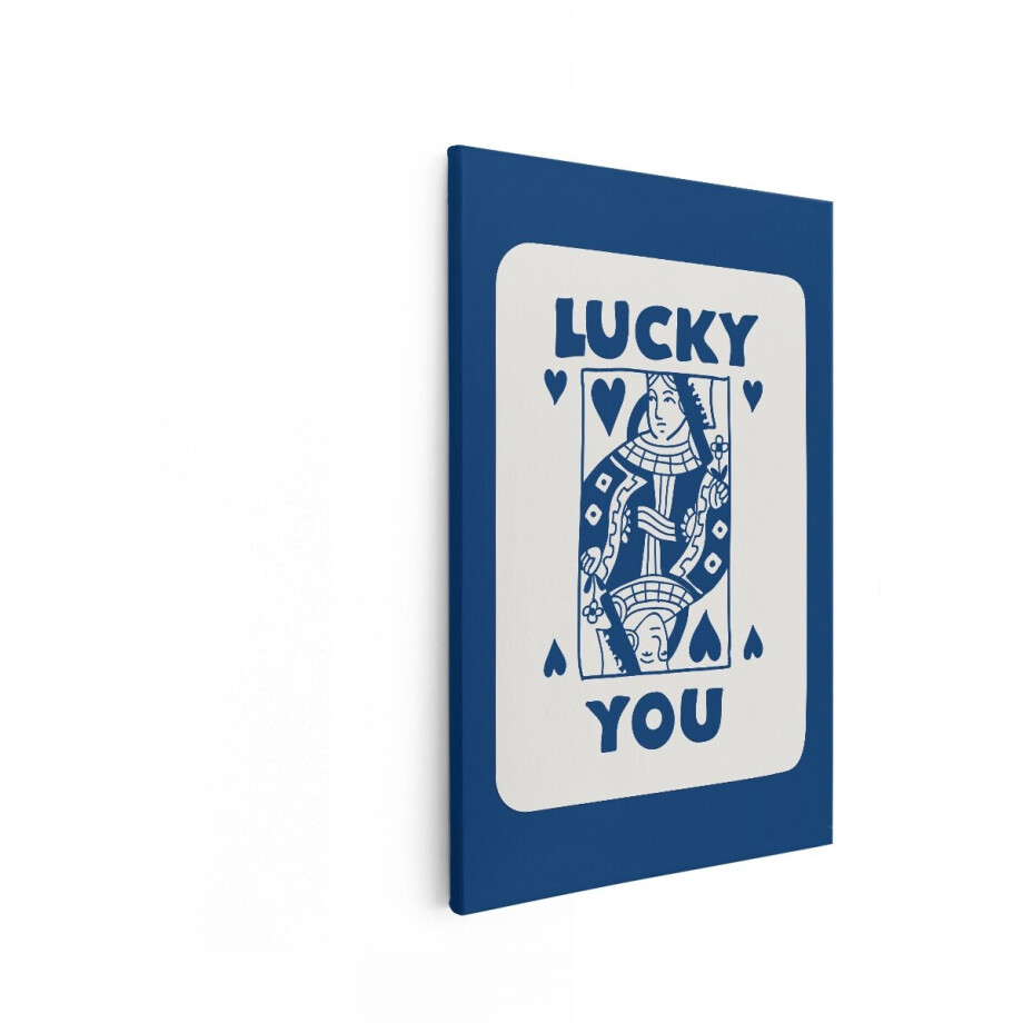 Artaza Canvas Schilderij Speelkaart Lucky You - 40x60 cm - Wanddecoratie Hart - Muurdecoratie Tekst - Decoratie Retro Blauw afbeelding 1