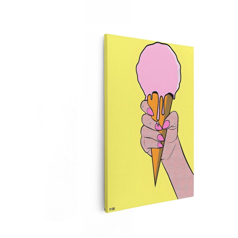 Artaza Canvas Schilderij Popart-Hand met een Smeltende Roze Ijshoorntje op een Gele Achtergrond - 40x60 cm - Wanddecoratie Woonkamer - Schilderijen - Muurdecoratie afbeelding 1