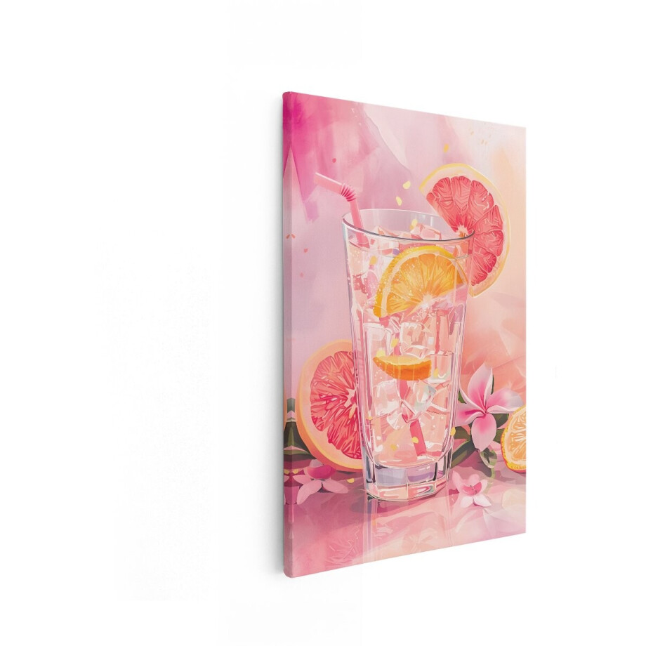 Artaza Canvas Schilderij Verfrissende Roze Drank met Citrusfruit en Bloemen - Zomers Gevoel - 40x60 cm - Wanddecoratie Woonkamer - Schilderijen - Muurdecoratie afbeelding 1