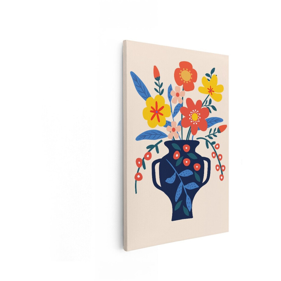 Artaza Canvas Schilderij Vrolijke Bloemen in een Donkerblauwe Vaas met een Platte Achtergrond - 60x90 cm - Wanddecoratie Woonkamer - Schilderijen - Muurdecoratie afbeelding 1