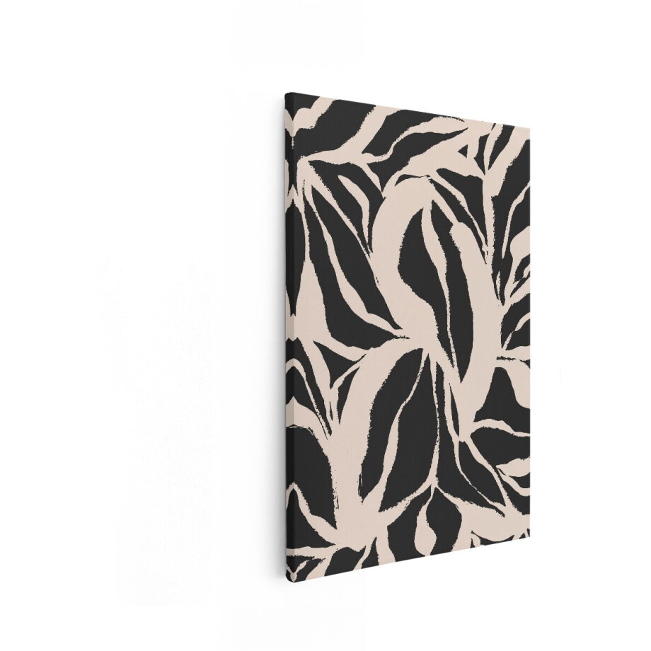 Artaza Canvas Schilderij Abstract - 60x90 cm - Wanddecoratie Boho - Muurdecoratie Bladeren - Decoratie Woonkamer - Zwart Beige afbeelding 1