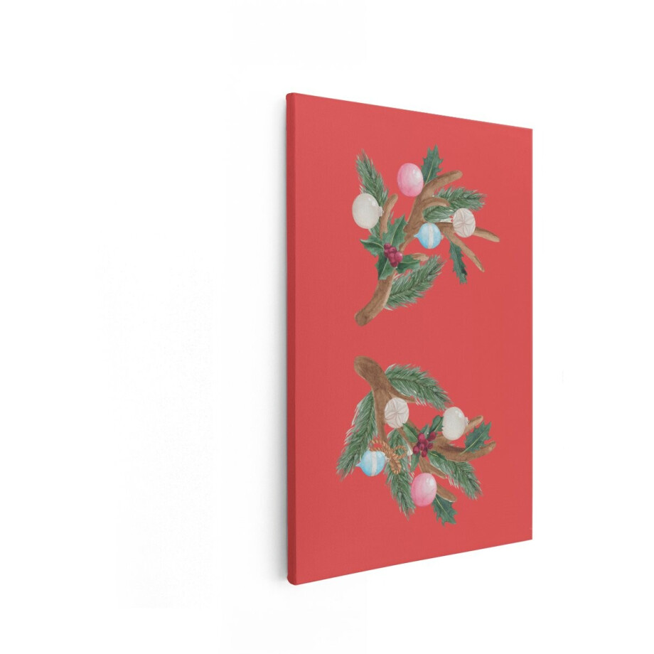 Artaza Canvas Schilderij Kersttakken - 60x90 cm - Wanddecoratie Kerst - Muurdecoratie Gewei - Decoratie Hulst Ornamenten - Rood afbeelding 1