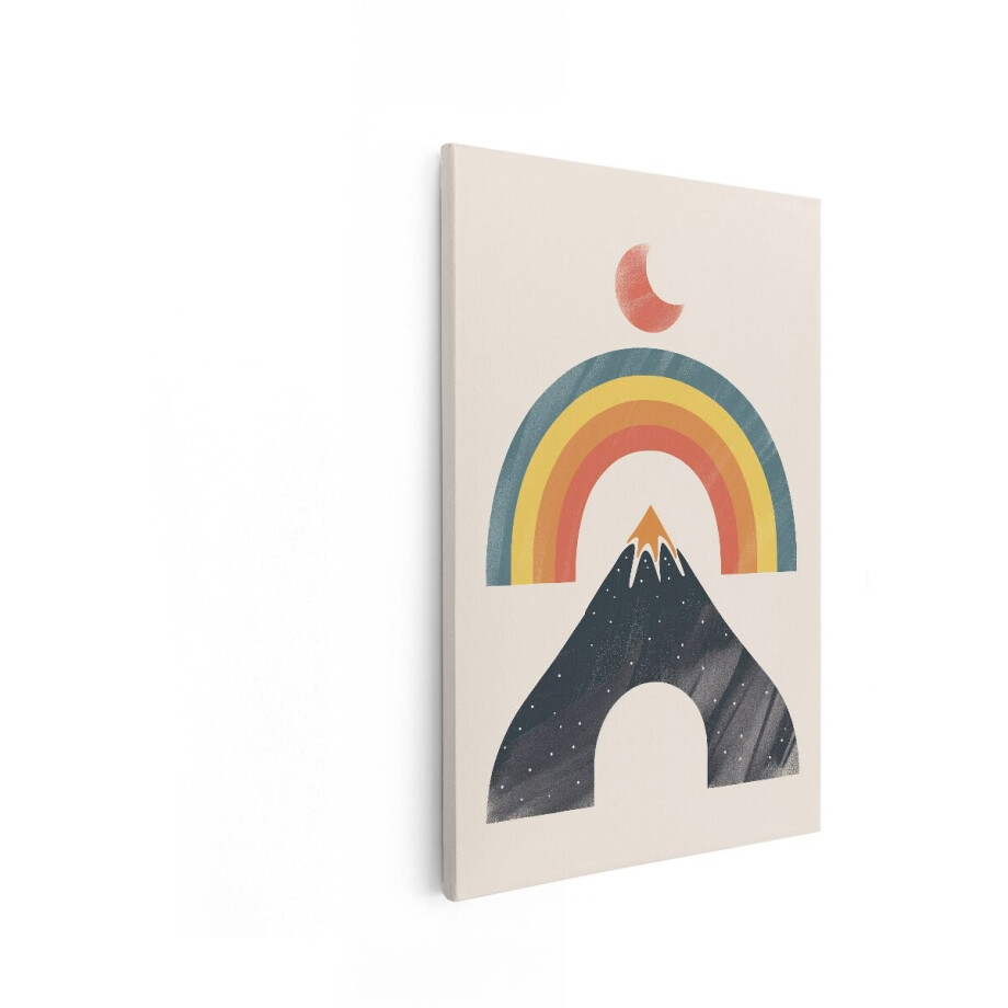 Artaza Canvas Schilderij Abstracte Berglandschap met Regenboog en Halve Maan in Retro Stijl - 60x90 cm - Wanddecoratie Woonkamer - Schilderijen - Muurdecoratie afbeelding 1