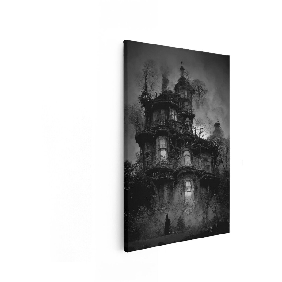 Artaza Canvas Schilderij Griezelig Oud Victoriaans Landhuis met Verwrongen Bomen en Mist - 60x90 cm - Wanddecoratie Woonkamer - Schilderijen - Muurdecoratie afbeelding 1