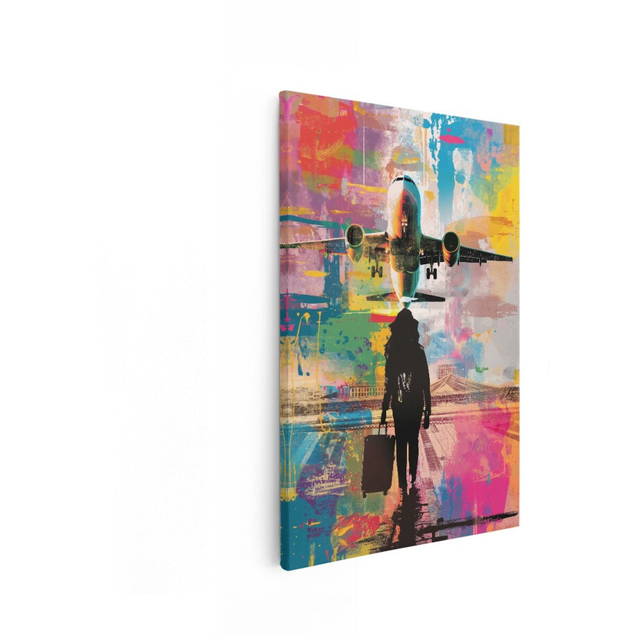 Artaza Canvas Schilderij Vrouw met Koffer Loopt Naar Vliegtuig op Kleurrijke Luchthaven met Abstracte Achtergrond - 80x120 cm - Groot - Wanddecoratie Woonkamer - Schilderijen - Muurdecoratie afbeelding 1