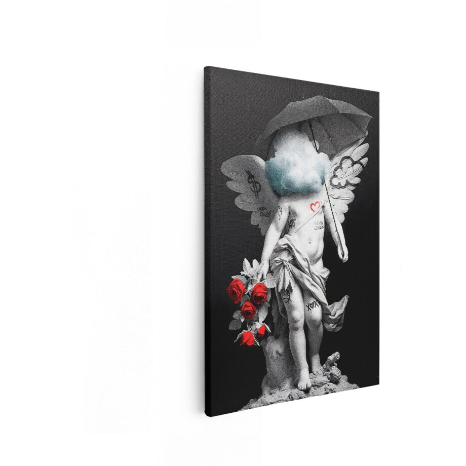 Artaza Canvas Schilderij Moderne Engel Beeld met Wolk en Rozen - Symboliseert Liefde en Geld - 60x90 cm - Wanddecoratie Woonkamer - Schilderijen - Muurdecoratie afbeelding 1