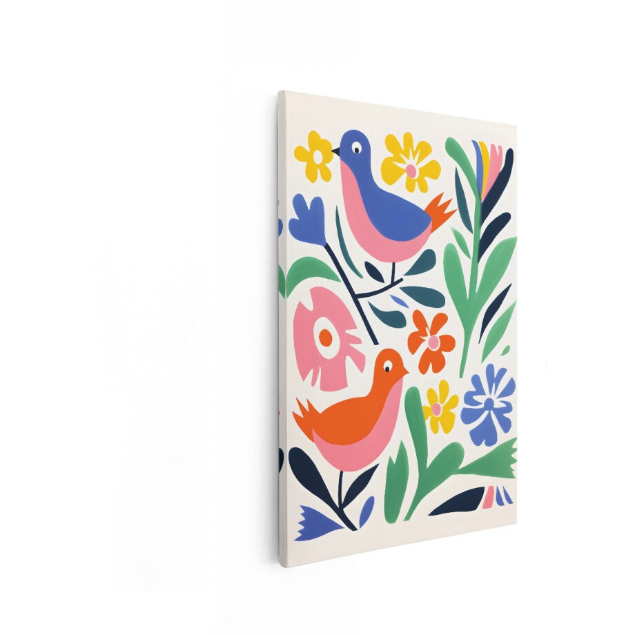 Artaza Canvas Schilderij Vogels En Bloemen - 60x90 cm - Kleurrijke Wanddecoratie - Muurdecoratie Bloemen - Decoratie Woonkamer afbeelding 1