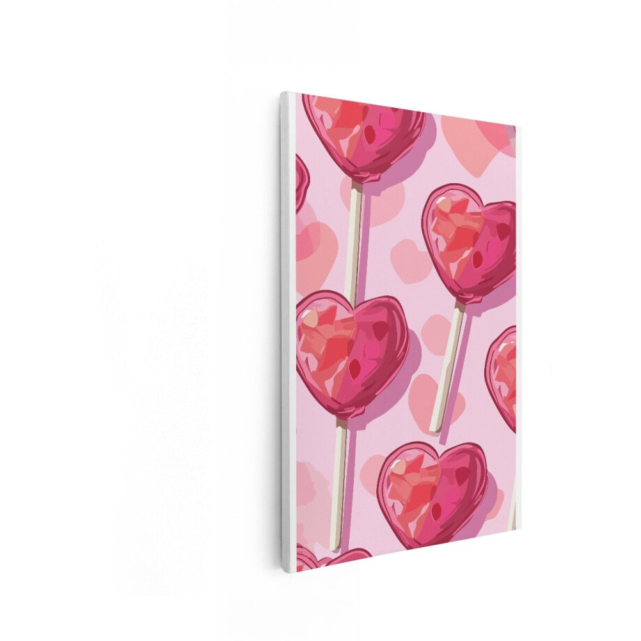 Artaza Canvas Schilderij Vrolijke Hartvormige Lolly'S met een Roze Achtergrond en Hartjespatroon - 80x120 cm - Groot - Wanddecoratie Woonkamer - Schilderijen - Muurdecoratie afbeelding 1