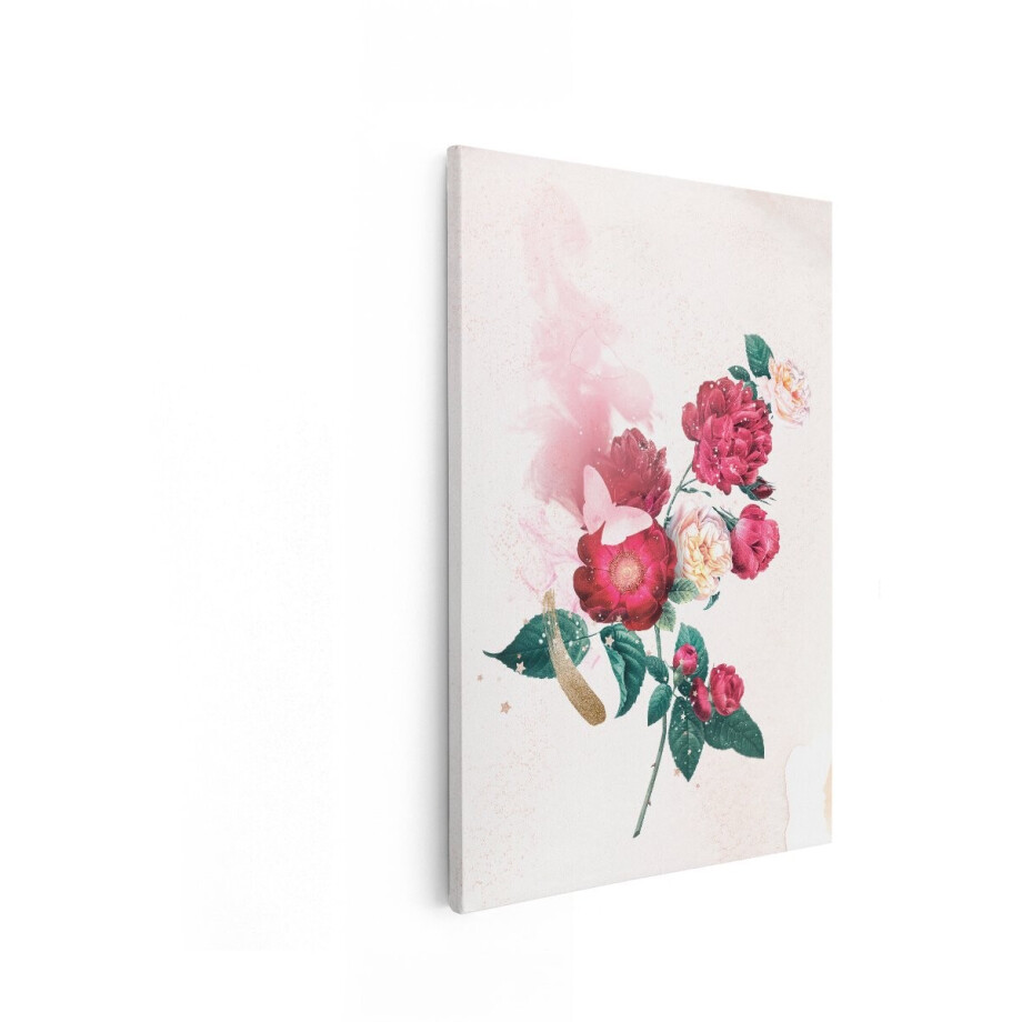 Artaza Canvas Schilderij Romantische Bloemen met Vlinder en Gouden Accenten op Lichte Achtergrond - 20x30 cm - Klein - Wanddecoratie Woonkamer - Schilderijen - Muurdecoratie afbeelding 1