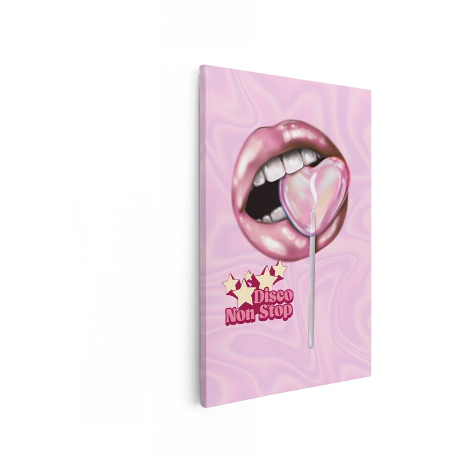 Artaza Canvas Schilderij Lippen - 40x60 cm - Wanddecoratie Hart Lolly - Muurdecoratie Pop Art - Decoratie Roze Retro afbeelding 1
