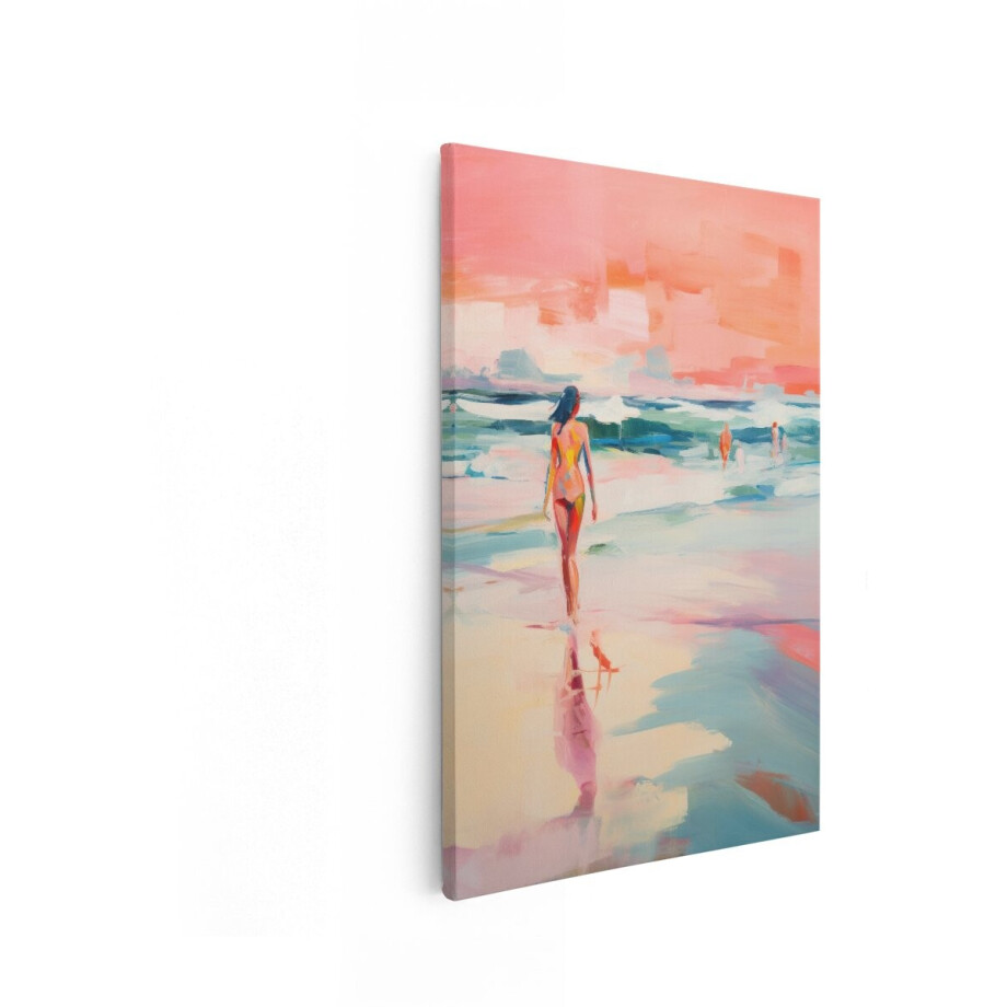 Artaza Canvas Schilderij Vrouw Op Strand - 80x120 cm - Wanddecoratie Zee - Muurdecoratie Zonsondergang - Schilderijen Op Canvas Kust afbeelding 1