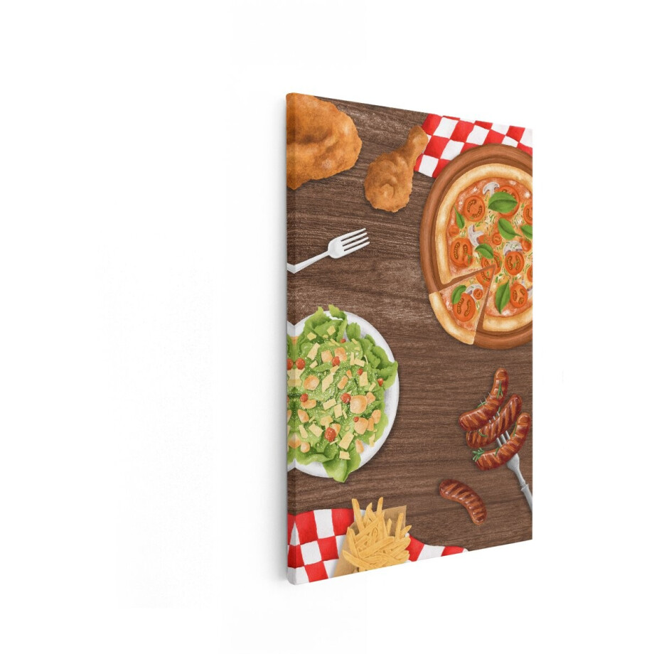 Artaza Canvas Schilderij Een Heerlijke Maaltijd met Pizza - Gefrituurde Kip - Salade en Worstjes - 60x90 cm - Wanddecoratie Woonkamer - Schilderijen - Muurdecoratie afbeelding 1