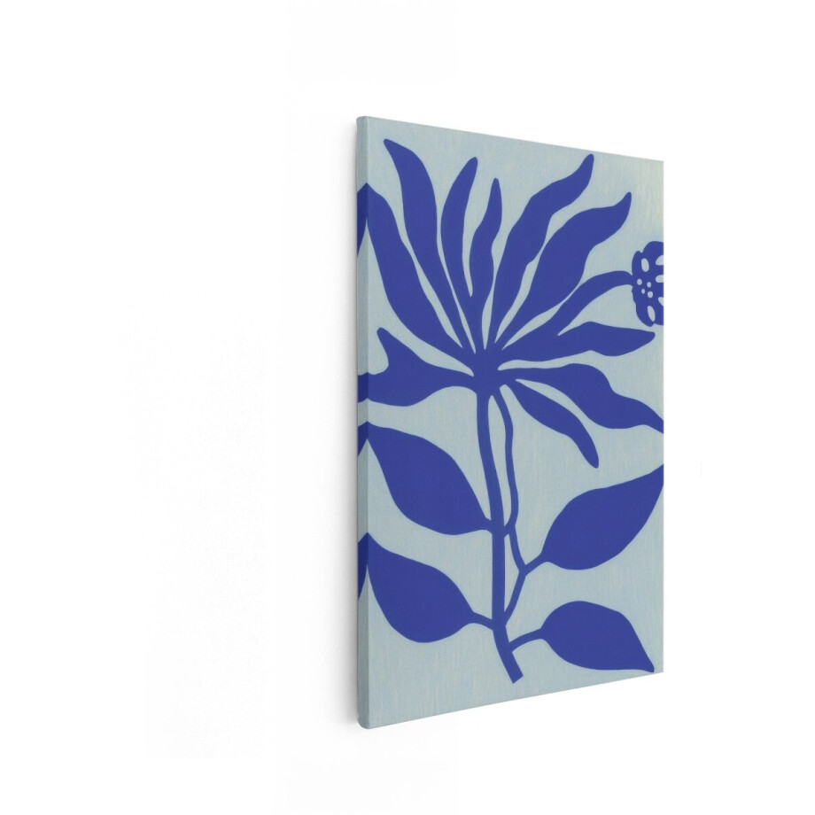 Artaza Canvas Schilderij Blauw Bloemmotief met Bladeren op een Lichte Achtergrond - 20x30 cm - Klein - Wanddecoratie Woonkamer - Schilderijen - Muurdecoratie afbeelding 1