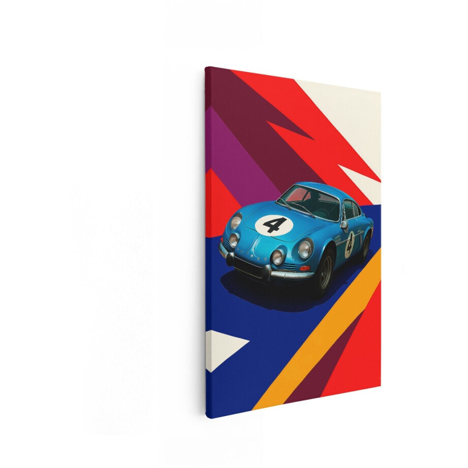 Artaza Canvas Schilderij Iconische Blauwe Alpine A110 Raceauto met Nummer 4 op een Abstracte Achtergrond - 40x60 cm - Wanddecoratie Woonkamer - Schilderijen - Muurdecoratie afbeelding 1