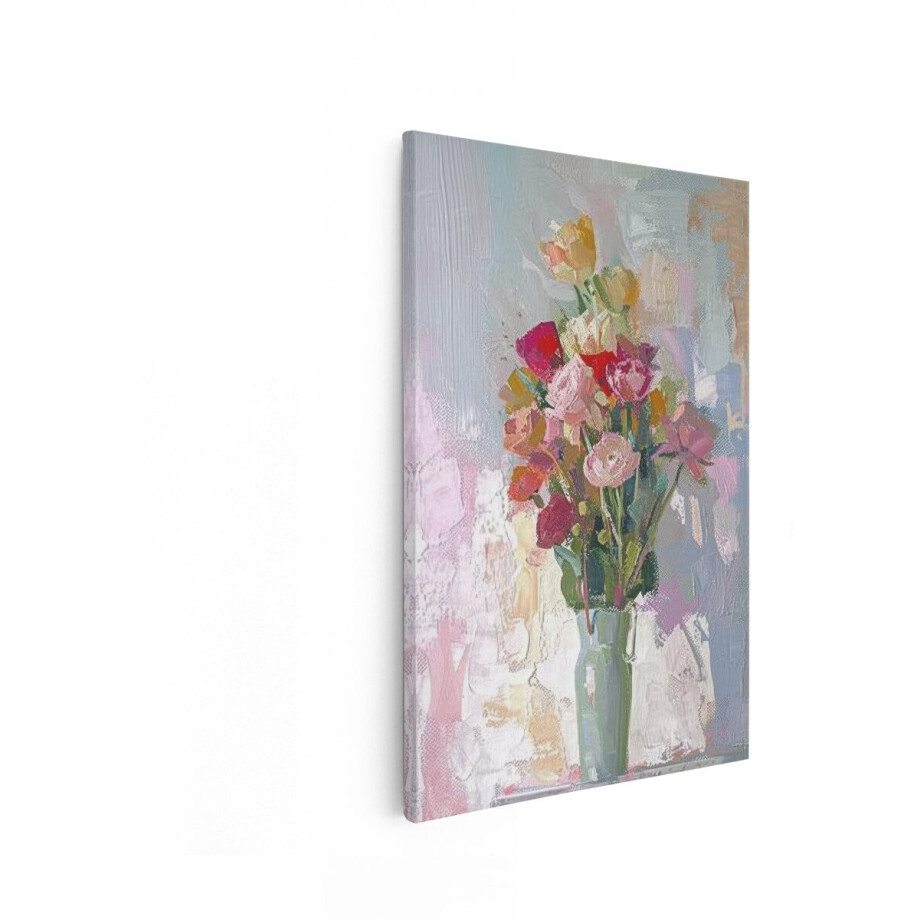 Artaza Canvas Schilderij Impressionistische Schilderij van een Boeket Kleurrijke Bloemen in een Vaas - 60x90 cm - Wanddecoratie Woonkamer - Schilderijen - Muurdecoratie afbeelding 1