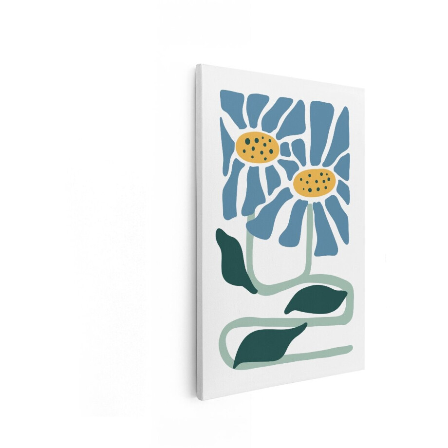 Artaza Canvas Schilderij Abstracte Blauwe Bloemen met Gele Harten en Groene Bladeren in een Modern Ontwerp - 20x30 cm - Klein - Wanddecoratie Woonkamer - Schilderijen - Muurdecoratie afbeelding 1