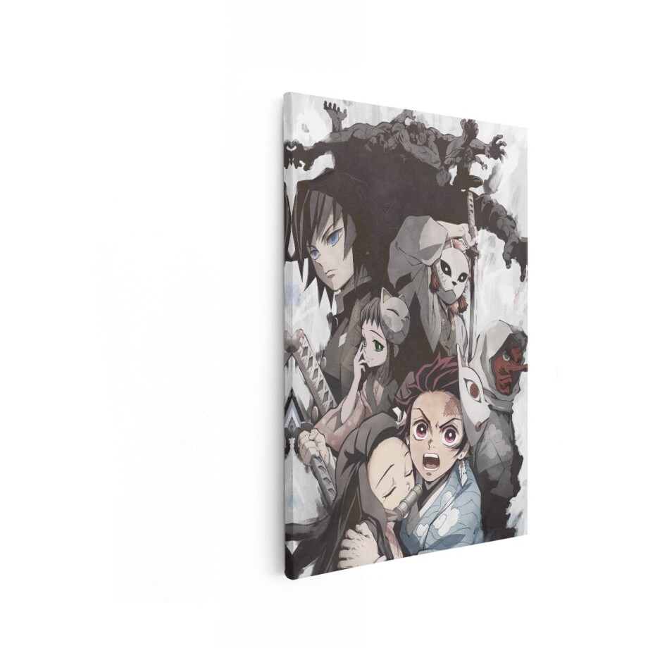 Artaza Canvas Schilderij Anime Personages met Maskers en Zwaarden - Demonenjagers in Actie - 80x120 cm - Groot - Wanddecoratie Woonkamer - Schilderijen - Muurdecoratie afbeelding 1