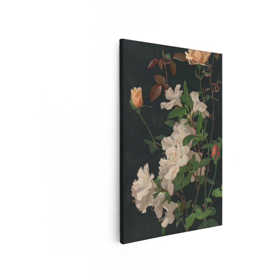 Artaza Canvas Schilderij Delicate Witte Azalea Bloemen en Rozenknoppen tegen een Donkere Achtergrond - 80x120 cm - Groot - Wanddecoratie Woonkamer - Schilderijen - Muurdecoratie Artaza Canvas Schilderij Delicate Witte Azalea Bloemen en Rozenknoppen tegen een Donkere Achtergrond - 80x120 cm - Groot - Wanddecoratie Woonkamer - Schilderijen - Muurdecoratie afbeelding 1