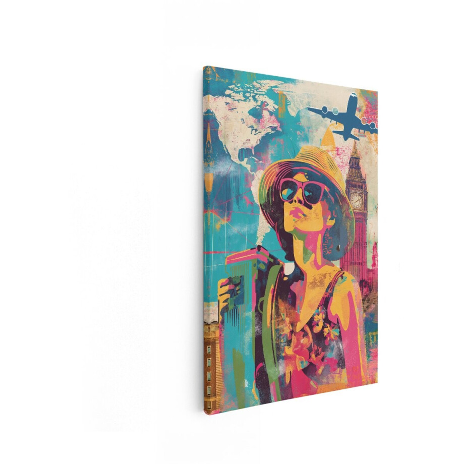 Artaza Canvas Schilderij Vrouw Reizen - 80x120 cm - Wanddecoratie Wereldkaart - Muurdecoratie Londen - Pop Art Schilderijen Kleurrijk Artaza Canvas Schilderij Vrouw Reizen - 80x120 cm - Wanddecoratie Wereldkaart - Muurdecoratie Londen - Pop Art Schilderijen Kleurrijk afbeelding 1