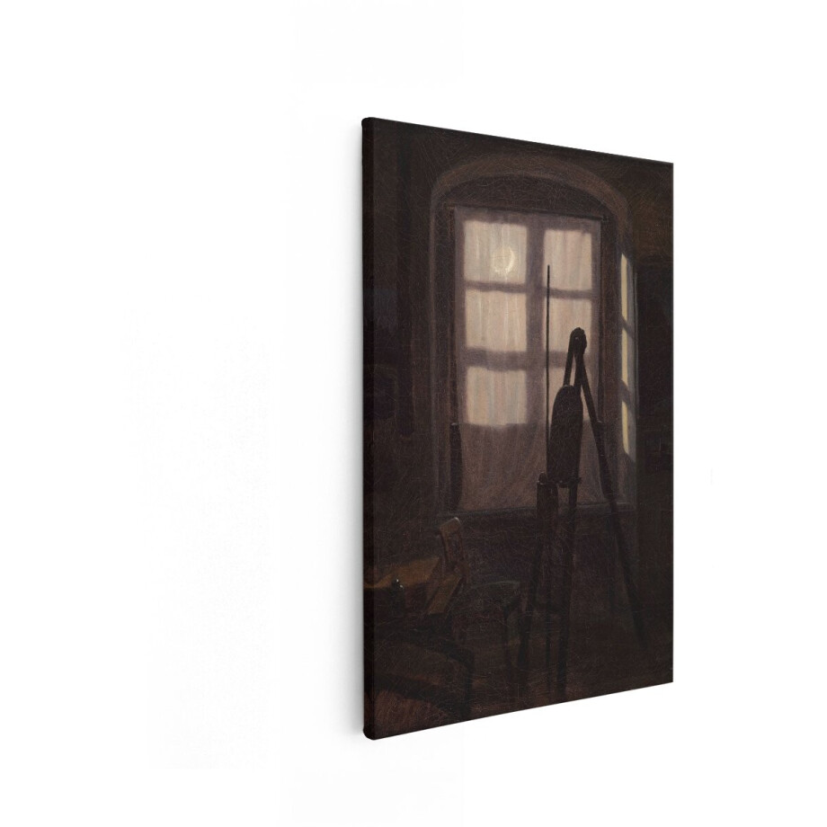 Artaza Canvas Schilderij Maansverlichte Kamer met een Stoel en een Schildersezel bij het Raam - 40x60 cm - Wanddecoratie Woonkamer - Schilderijen - Muurdecoratie afbeelding 1
