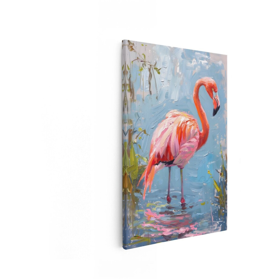 Artaza Canvas Schilderij Schilderachtige Flamingo in Water met Dikke Verfstreken en Levendige Kleuren - 80x120 cm - Groot - Wanddecoratie Woonkamer - Schilderijen - Muurdecoratie afbeelding 1
