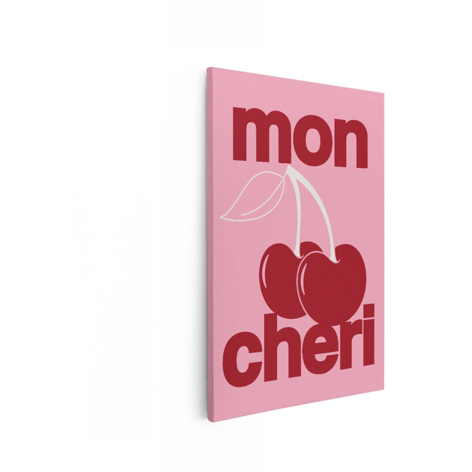 Artaza Canvas Schilderij Mon Chéri: twee Rode Kersen met Bladeren en Tekst op Roze Achtergrond - 20x30 cm - Klein - Wanddecoratie Woonkamer - Schilderijen - Muurdecoratie afbeelding 1